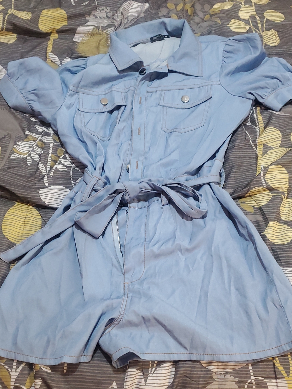 Fashion Nova Light Blue Short Puff Sleeve Romper with Tie Waist